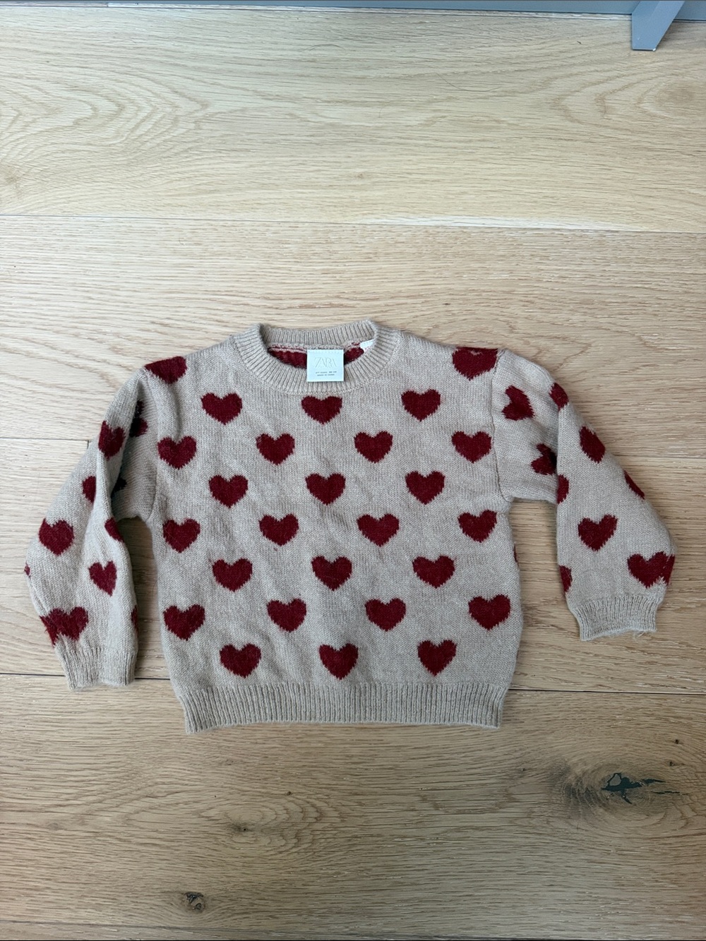 Zara Beige Crewneck Sweater with Red Heart Motif